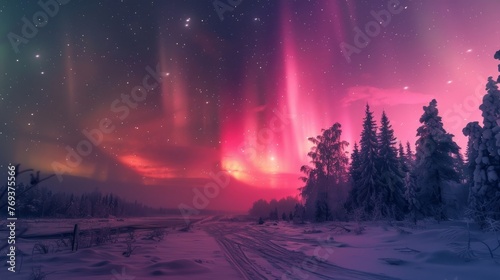 An aurora borealis phenomenon illuminates the sky above a forest blanketed in snow, background, wallpaper