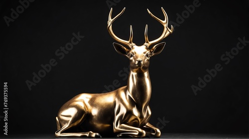 Shiny bronze deer statue on plain black background facing forward from Generative AI