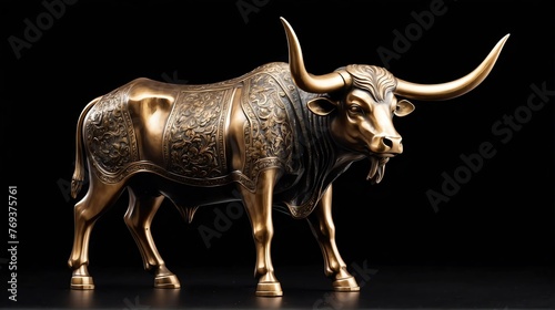 Shiny bronze ox statue on plain black background facing forward from Generative AI © Arceli