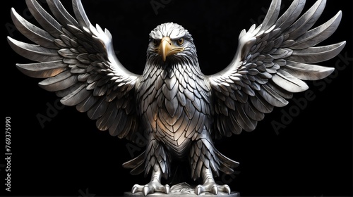 Shiny silver eagle statue on plain black background facing forward from Generative AI photo