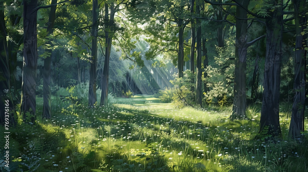 Obraz premium The tranquility of a forest glade bathed in dappled sunlight
