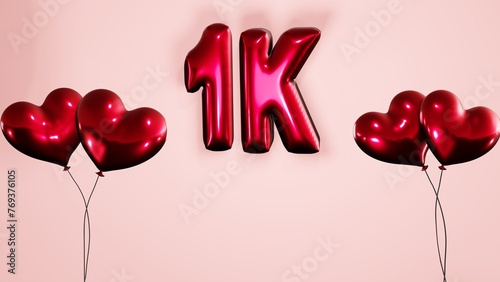 1k , 1000 followers, subscribers, likes celebration background with heart shaped helium air balloons and balloon texts on pink background 8k illustration. photo