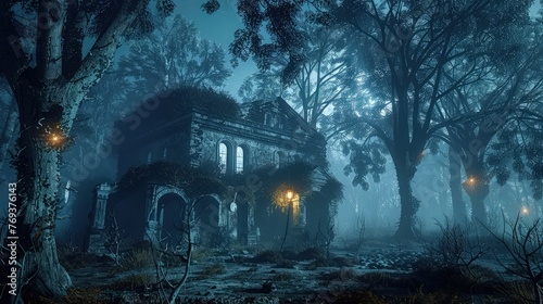 A quaint little house nestled in the depths of a night forest, bathed in the soft glow of moonlight filtering through the trees. 