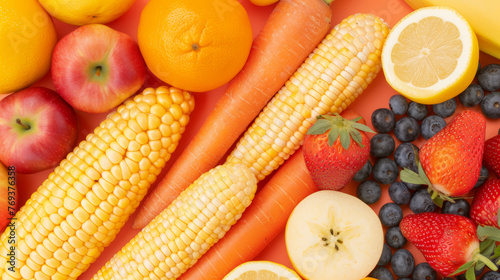 A colorful assortment of fruits and vegetables, including apples, oranges, carrots, corn, and strawberries