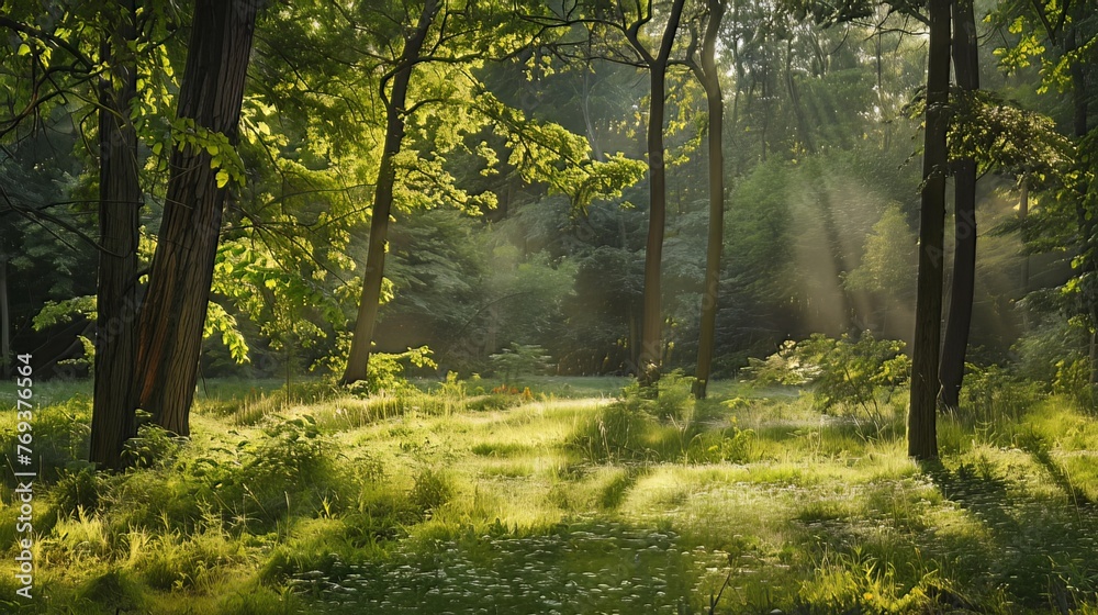 Fototapeta premium The tranquility of a forest glade bathed in dappled sunlight 