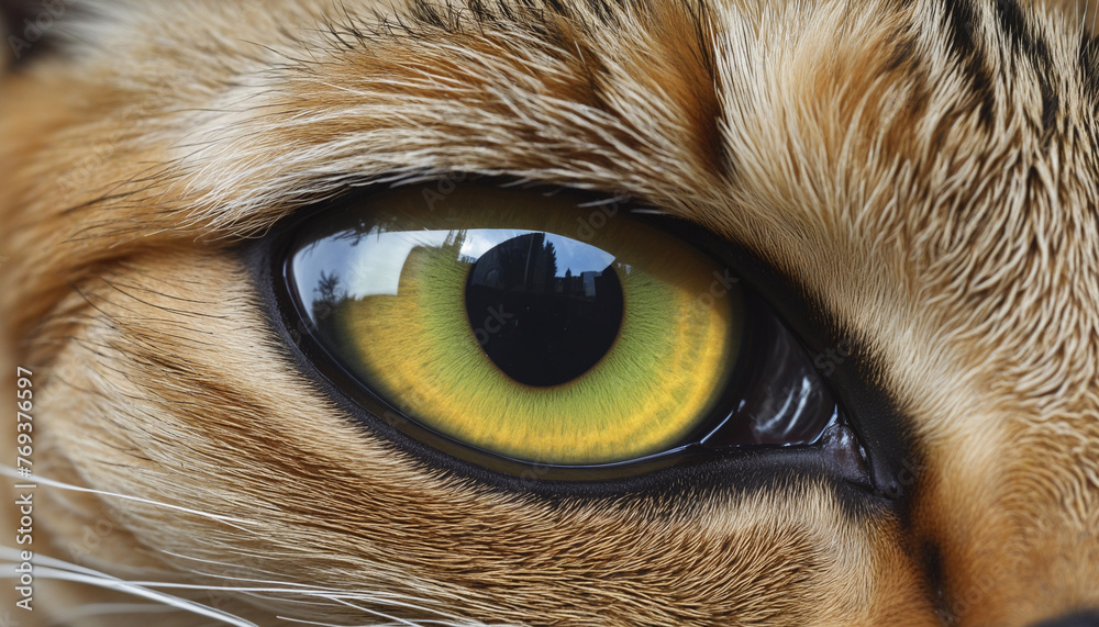 a close-up of a cats eye, detailed and realistic colorful background 