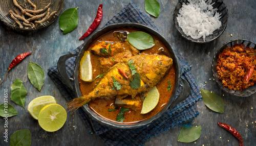 Malabar fish curry, flat lay.