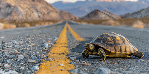  Desert tortoise crossing a road in Death Valley National park. generative ai  photo