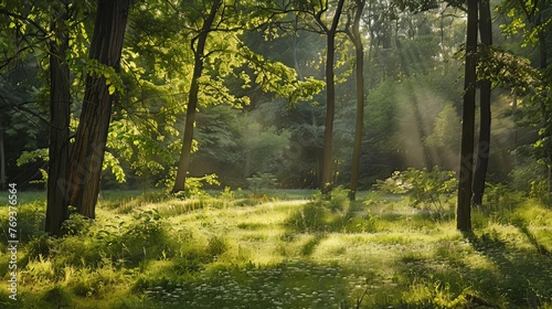 The tranquility of a forest glade bathed in dappled sunlight 