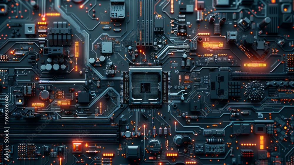 Vibrant cyberpunk ai: 3d illustration of intricate circuit board, evoking futuristic technology background with central computer processors cpu and gpu concept. Motherboard digital chip emphasizes tec