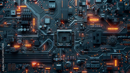 Vibrant cyberpunk ai: 3d illustration of intricate circuit board, evoking futuristic technology background with central computer processors cpu and gpu concept. Motherboard digital chip emphasizes tec