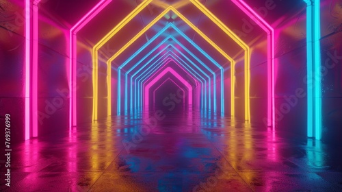 Vibrant neon lights in abstract geometric tunnel - colorful 3d render for dynamic backgrounds and designs
