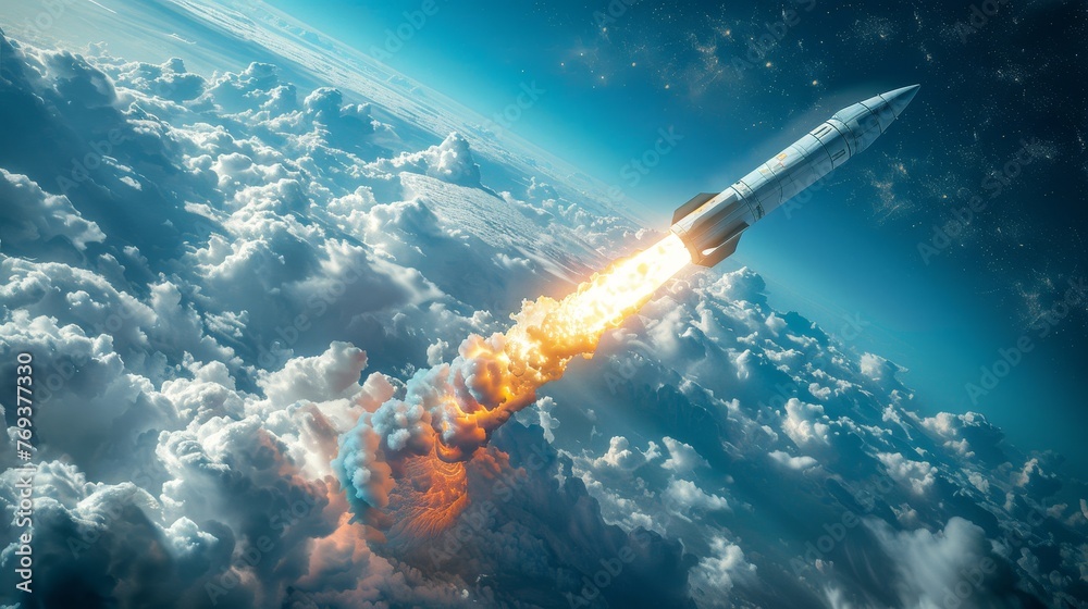 Obraz premium Hypersonic missile. A combat rocket is flying above the clouds.
