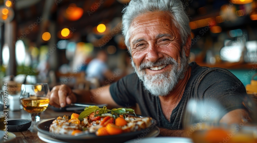 A man sitting at a table with a plate of food in front of him A man sitting at a table with a plate of food in front of him