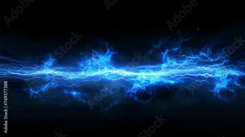 Electric blue lightning bolt illuminating dark sky - powerful image of nature's fury and energy