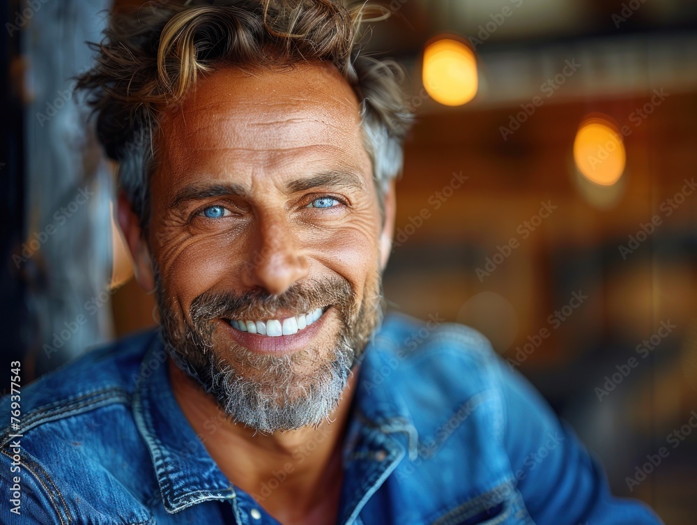 Close up of a person wearing a denim shirt Close up of a person wearing a denim shirt