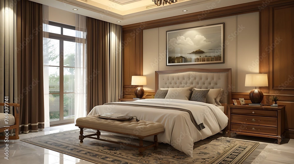 Fototapeta premium Bedroom interior with wooden furniture