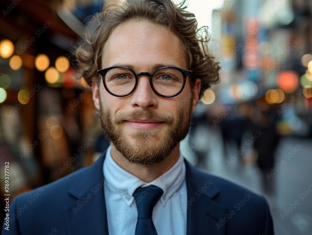 Fototapeta premium A man in formal attire, wearing a suit and tie, standing on a city street