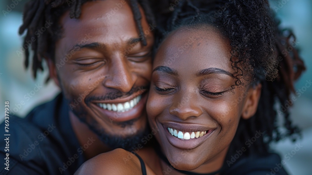 A man and a woman standing close, smiling happily together A man and a woman standing close, smiling happily together