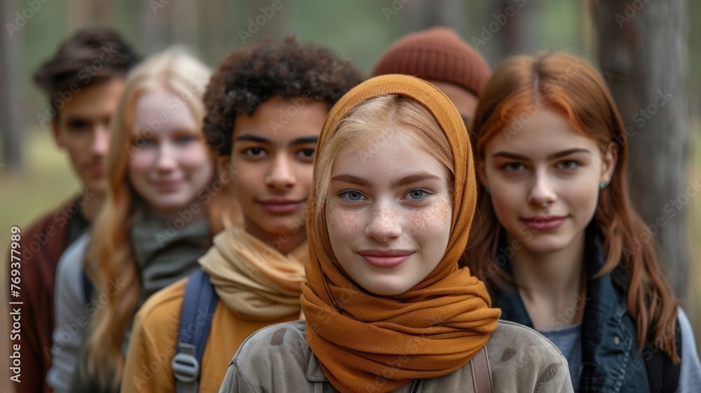 A diverse group of young individuals stand side by side in a unified pose A diverse group of young individuals stand side by side in a unified pose
