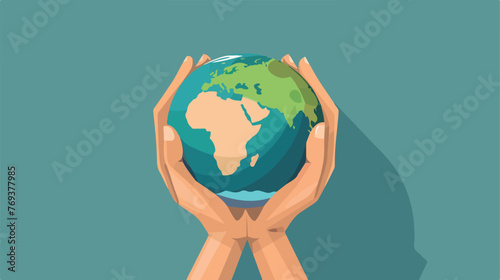 Hands taking earth planet icon flat cartoon 
