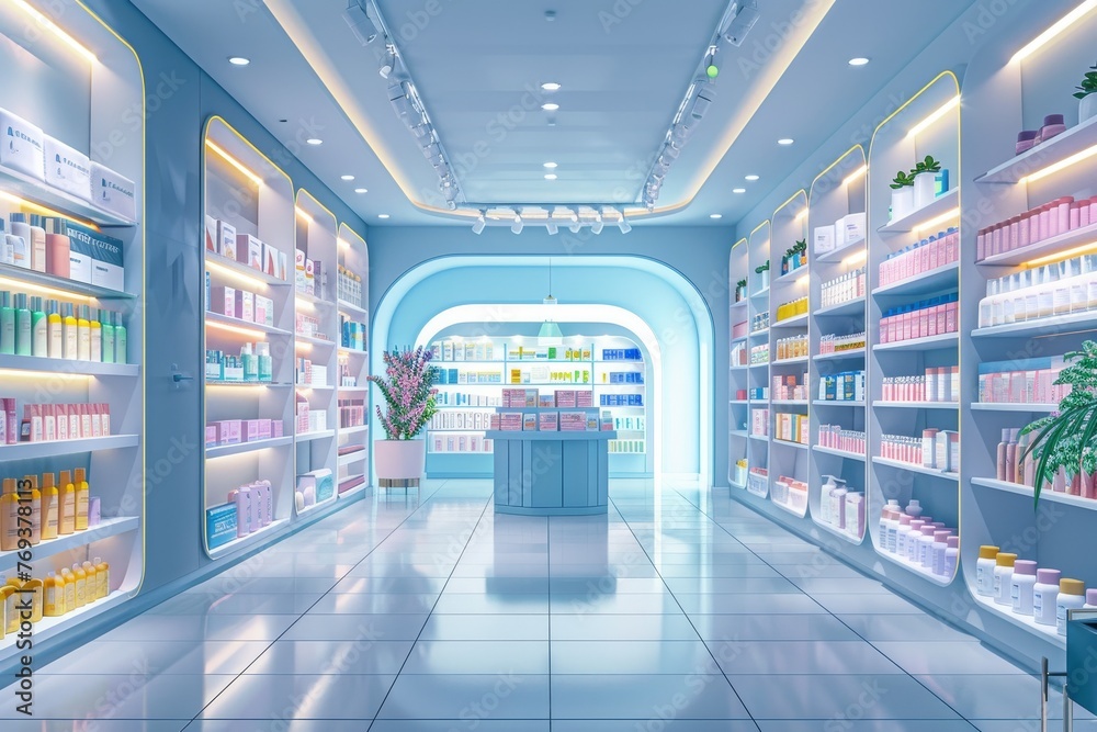  Interior of empty modern pharmacy, Pharmacy shop background.