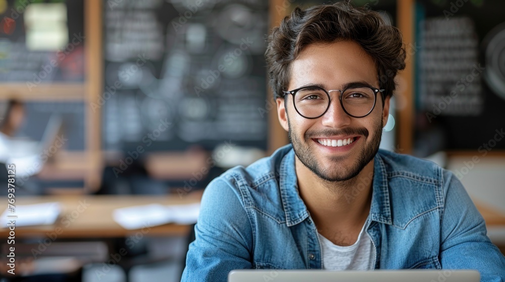 Fototapeta premium A man wearing glasses is sitting in front of a laptop, working