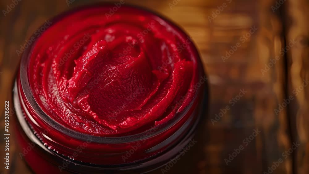 A jar of vibrant red herbal paste made from natural ingredients used for topical application and known for its antiinflammatory and painrelieving properties.