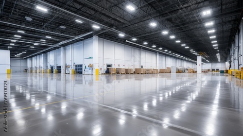  Interior of empty warehouse. Large modern empty storehouse