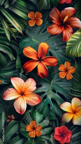 Bright tropical flowers and leaves arranged in a bunch on a table, creating a vibrant and lively backdrop, background, wallpaper
