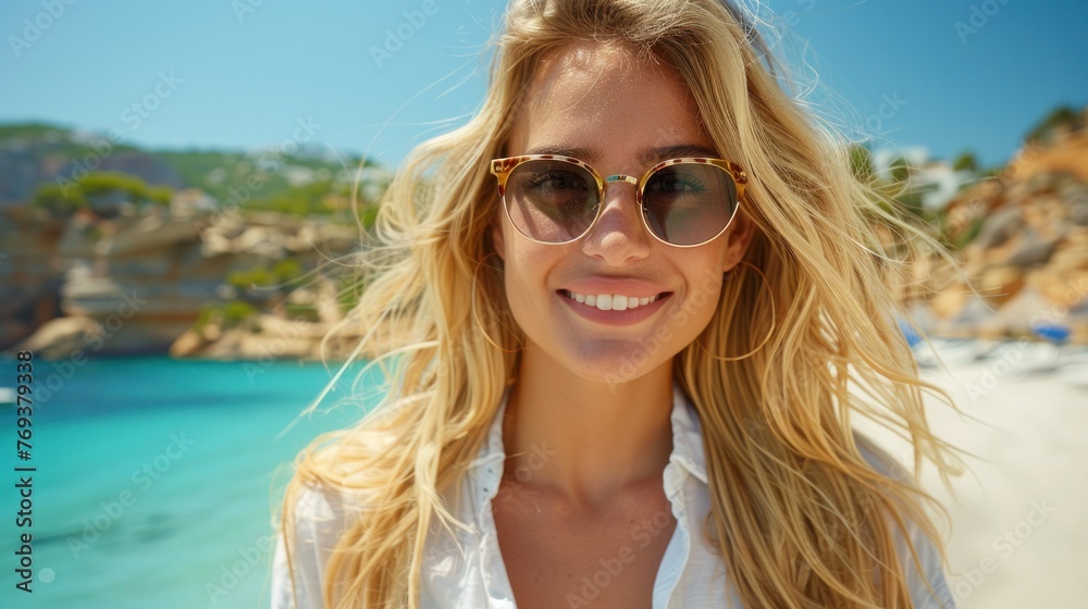 A woman in sunglasses standing in front of the beach A woman in sunglasses standing in front of the beach