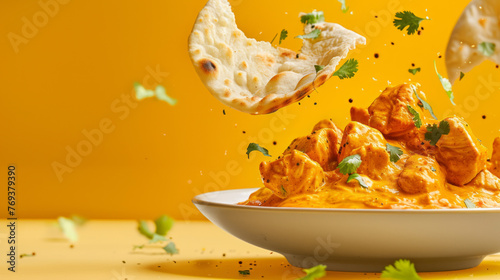 Still life of chicken tikka masala meal with flying naan bread against a vibrant backdrop