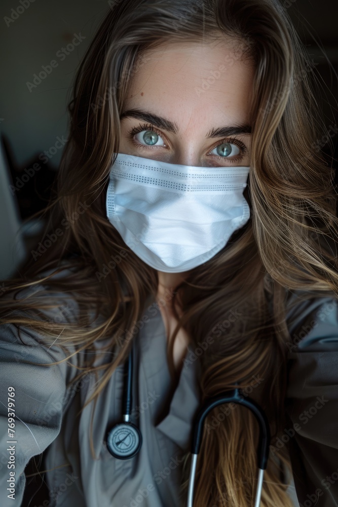 A nurse selfie wearing a white face mask and a stethoscope around her neck A nurse selfie wearing a white face mask and a stethoscope around her neck