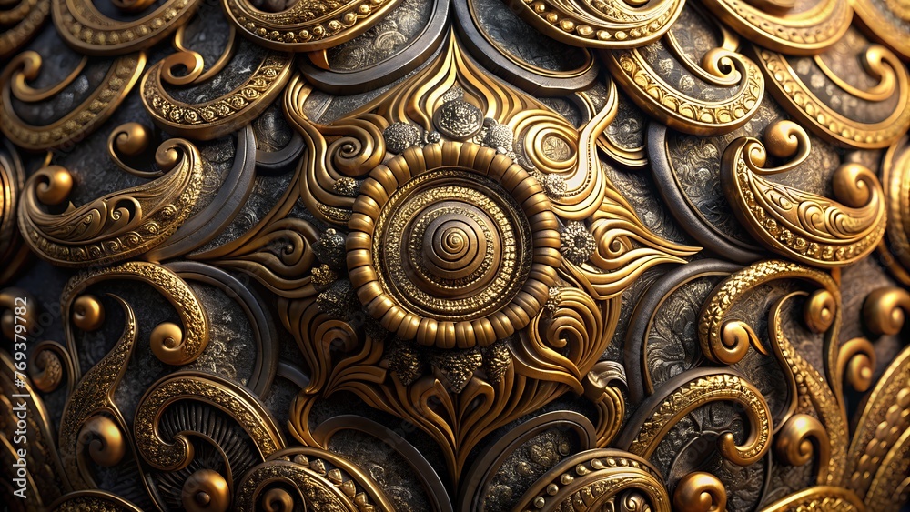 close up of circular golden ornament with geometric texture design wall