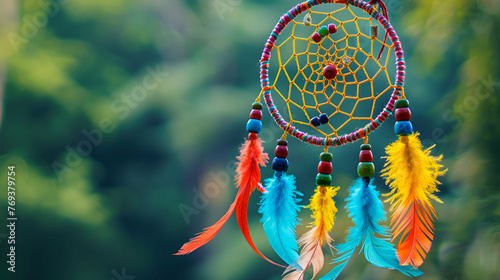 Mystic colorful dream catcher, boho vintage decoration. Nature background, Realistic Dream Catcher With Feathers, Beads, dreamcatcher beauty dream forest nature