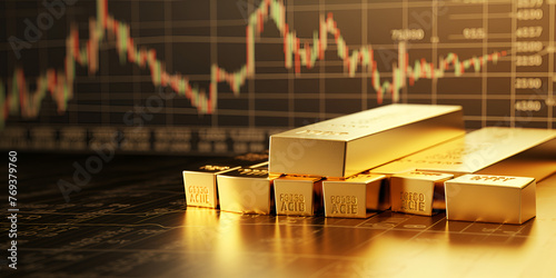 Gold bar resting on a stocks and shares graph representing investment. Concept of gold price in the stock market.
 photo