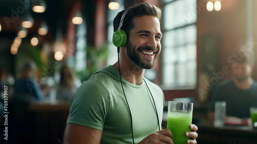 Portrait of smiling sporty man holding a cup of fresh drink, wearing headphones while listening to music. Athletic man in green t-shirt wearing headphones and drinking a fresh drink photo