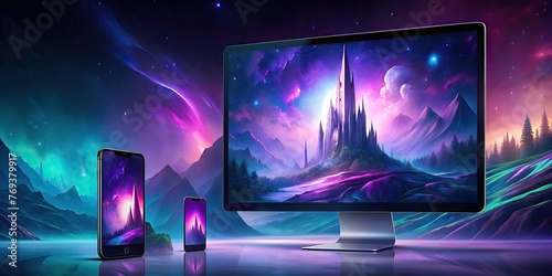 computer monitor and two mobiles phones mockup on desk with fantasy castle image displayed on device screens with abstract landscape background photo