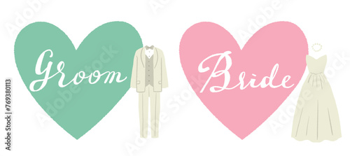 新郎新婦のマーク　タキシードとウエディングドレスとハートのイラスト