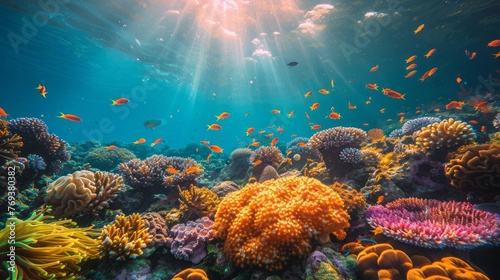 Vibrant coral reef teeming with fish and corals in the fluid underwater world © yuchen