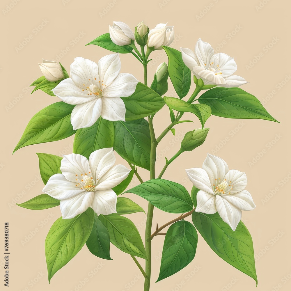 Flat Design, Beautiful Jasmine Flower Illustration, Vector Style.