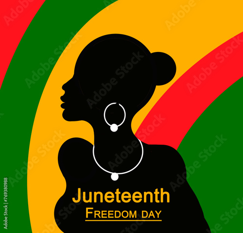 June 16 Freedom Day greeting cards. Juneteenth Afro woman in profile, background in green, yellow and red colors. National African American Independence Day, emancipation day. Vector illustration