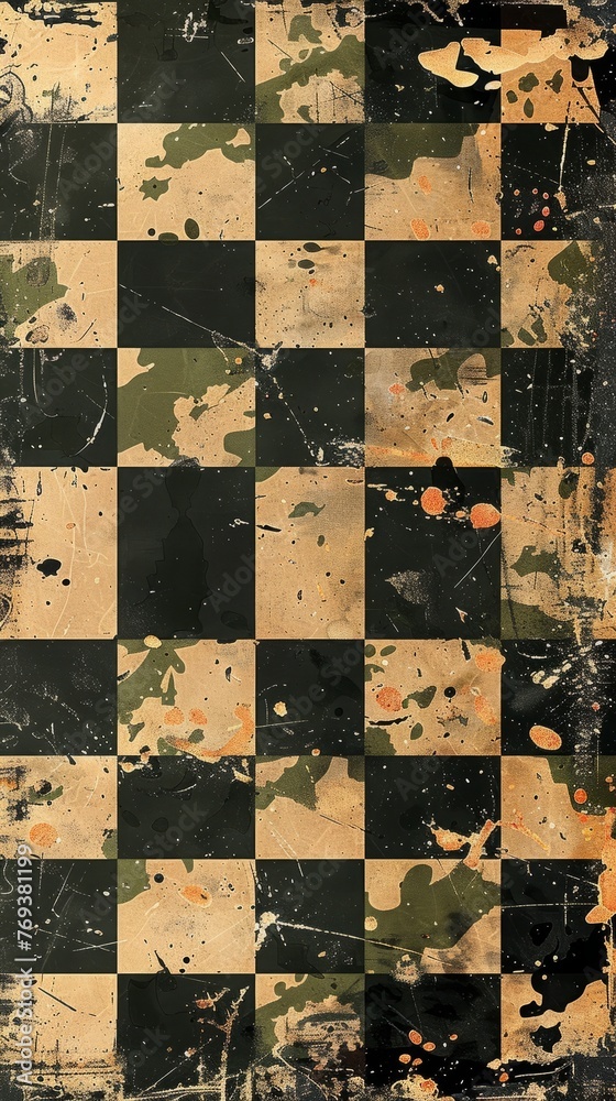 A worn checkered chessboard with a rugged camouflage overlay splattered with paint, background, wallpaper