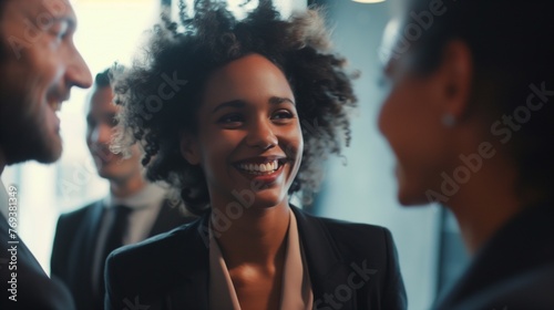 Representative of a high-profile executive: a black businesswoman whose life story is like a book about the path to the heights of success and deep talent. happy woman communicating at a meeting