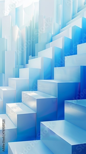A blue and white abstract background featuring cascading stairs in a geometric pattern  background  wallpaper