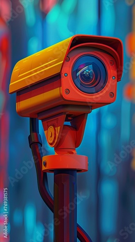 A dynamic scene featuring a 3D cartoon CCTV camera icon, its cheerful color and design standing out against a backdrop of subtle gradients This rendering playfully addresses the serious role of survei photo