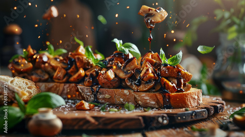 Fresh mushroom bruschetta topped with vibrant green basil and a rich balsamic glaze captured mid-air