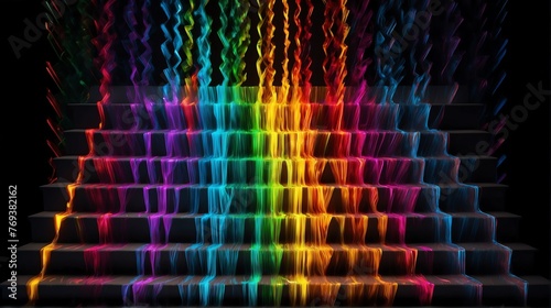 Bright abstract rainbow zigzag rays lines of lights on plain black background from Generative AI photo