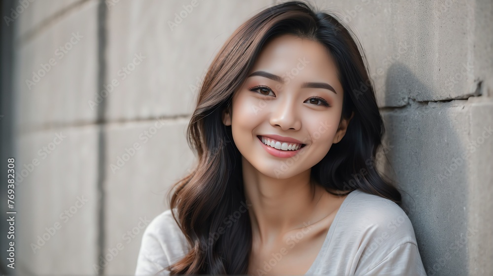 Portrait of young beautiful asian woman smiling happy looking camera with confidence on plain concrete wall background from Generative AI Portrait of young beautiful asian woman smiling happy looking camera with confidence on plain concrete wall background from Generative AI