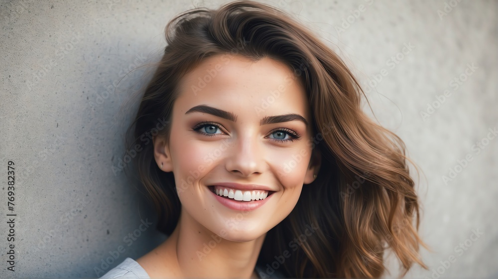 Portrait of young beautiful caucasian woman smiling happy looking camera with confidence on plain concrete wall background from Generative AI Portrait of young beautiful caucasian woman smiling happy looking camera with confidence on plain concrete wall background from Generative AI